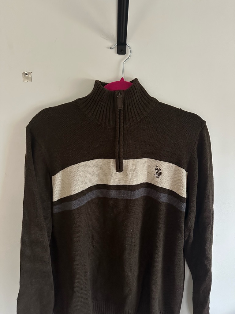 U.S. Polo Assn. Brown Half-Zip Sweater With Cream And Gray Stripes